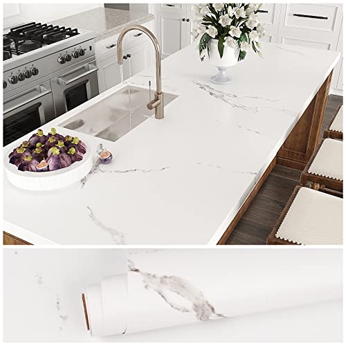 VEELIKE Wide Size 32''x354'' Matte Marble Countertop Contact Paper Waterproof White Peel and Stick Removable Granite Marble Countertop Wallpaper for Kitchen Bathroom Table Desk Walls - size: 32" x 354"