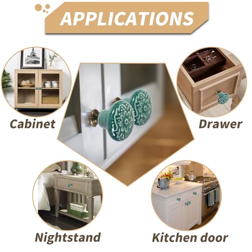 Ceramic Cabinet Knobs, Embossed Floral Design - Green, 20pcs - color: Green