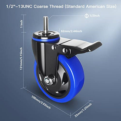 Stem Caster Set of 4 Heavy Duty 1/2" Threaded Mount Casters Wheels 4 inch - color: Blue, size: 4in(1/2"-13)