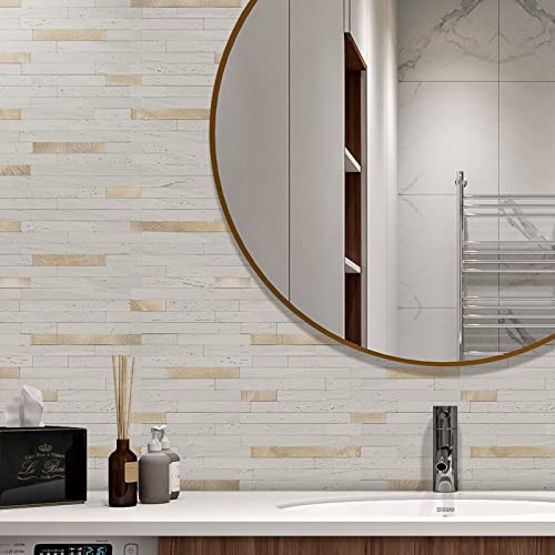STICKGOO 20 Sheets Peel and Stick Backsplash Tile, Stick on Backsplash for Kitchen and Bathroom, White Sandstone Look PVC Mixed Metal Gold Self Adhesive Wall Tiles - color: White Sandstone + Metal Gold
