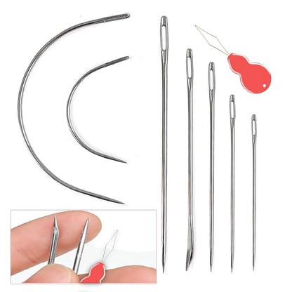 Pikdmin 7+1 Pcs Heavy Duty Hand Sewing Needles Kit, 5 Leather Hand Sewing Needle 2 Curved Needle and 1 pcs Needle threaders for Home Upholstery,Leather Needles for Hand Sewing,Carpet Canvas Repair - size: 8PCS&7SIZE