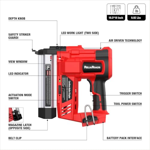ReliaRoads 2" Cordless Brad Nailer, 2 in 1 18GA Staple Nail Gun Battery Powered Compatible with MilWauke 18V Battery, Electric Nail Gun Stapler with Nails Puller, 1600 Nails(Battery Not Included)