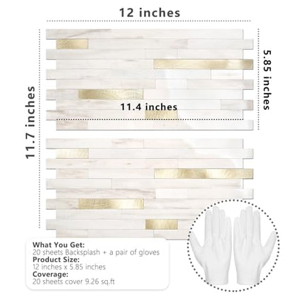 STICKGOO 20 Sheets Peel and Stick Backsplash Tile, Stick on Backsplash for Kitchen and Bathroom, Glossy Eurasian Wood Grain PVC Mixed Metal Gold Self Adhesive Wall Tiles - color: Glossy Eurasian Wood Grain + Metal Gold