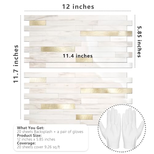 STICKGOO 20 Sheets Peel and Stick Backsplash Tile, Stick on Backsplash for Kitchen and Bathroom, Glossy Eurasian Wood Grain PVC Mixed Metal Gold Self Adhesive Wall Tiles - color: Glossy Eurasian Wood Grain + Metal Gold