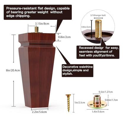 Wood Legs for Furniture 8 inch Heavy Duty Sofa Legs Square Brown Bed Legs Pack of 4, Sofa Replacement Parts, Dresser Leg, Cabinet Feet, Futon, Ottoman, Couch Legs, Couch Riser - color: Brown, size: 8"H*3.15"W