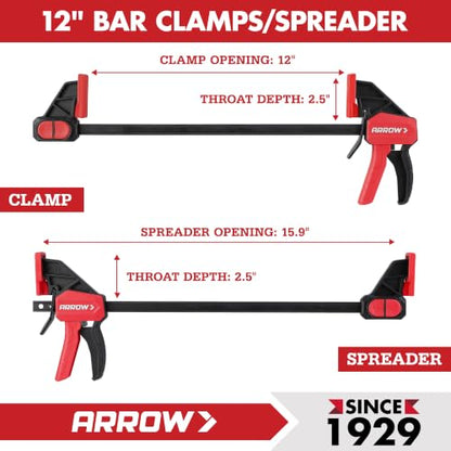 ARROW 2-Piece 12" Medium Duty Bar Clamps for Woodworking with 150LBS Force - size: 12"(2)