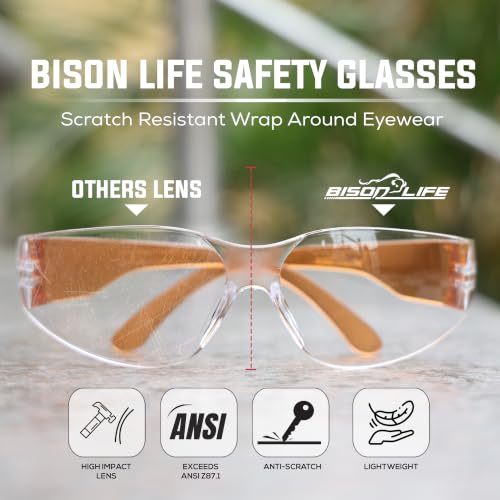 BISON LIFE Clear/Orange Safety Glasses for Men & Women, ANSI Z87.1, 6 Pack - color: Clear/Orange