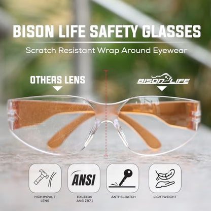 BISON LIFE Clear/Orange Safety Glasses for Men & Women, ANSI Z87.1, 6 Pack - color: Clear/Orange