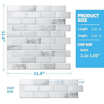Art3d 10-Pack Peel and Stick Stone Backsplash Tile, 12" x 12", White Marble - color: White Marble