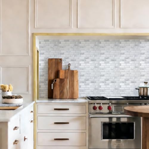 LONGKING Peel and Stick Subway Tile Backsplash for Kitchen, Vertical Strip Design, White Marble Tile, Waterproof Wall Sticker for Kitchen & Bathroom - color: Brick White Marble