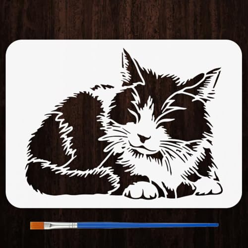 FINGERINSPIRE Resting Cat Stencils with a Brush 11.7x8.3Inch Cute Hairy Cat Painting Stencils Cartoon Cat Pattern Stencil Animal Themes PET Template for Wood Floor Tile Wall Fabric Furniture DIY - color: Resting Cat