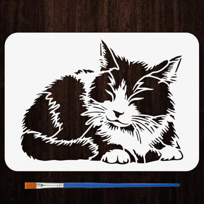 FINGERINSPIRE Resting Cat Stencils with a Brush 11.7x8.3Inch Cute Hairy Cat Painting Stencils Cartoon Cat Pattern Stencil Animal Themes PET Template for Wood Floor Tile Wall Fabric Furniture DIY - color: Resting Cat