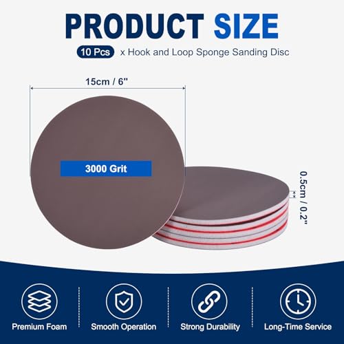 10Pcs 6 Inch Hook and Loop Sponge Sanding Disc, 3000 Grit - size: 6 Inch 3000 Grit