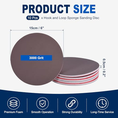 10Pcs 6 Inch Hook and Loop Sponge Sanding Disc, 3000 Grit - size: 6 Inch 3000 Grit