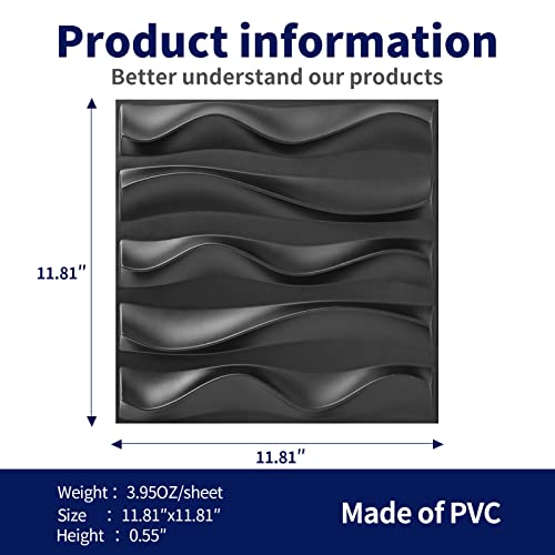 Art3dwallpanels 33 Pack 3D Wall Panels, Black PVC - color: Wave Black