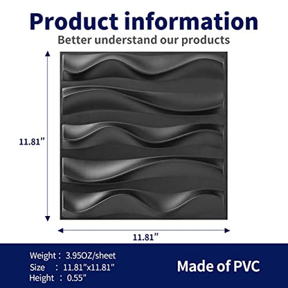Art3dwallpanels 33 Pack 3D Wall Panels, Black PVC - color: Wave Black