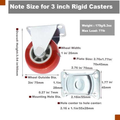 3" Rigid Plate PVC Casters,No Bearing,Max 35KG Load,6 PCS-Red - color: Red, size: 3 inch