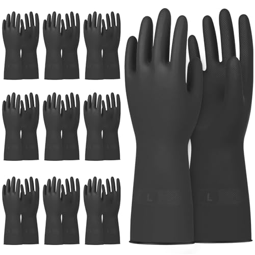 Beieverluck 10 Pairs Chemical Resistant Gloves, Reusable Heavy Duty Rubber Work Gloves with Textured Palm, Black Cleaning Dishwashing Gloves, Large - size: Large