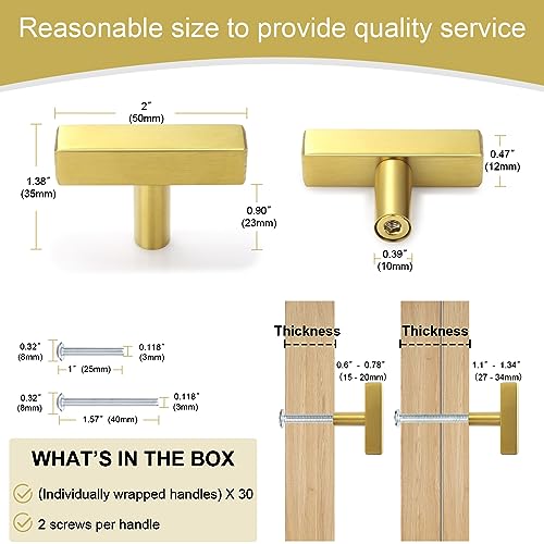 AEEKEL 30 Pack Brushed Brass Kitchen Cabinet Knobs, 2" Length Drawer Pulls - color: Gold, size: Single Hole
