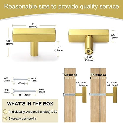 AEEKEL 30 Pack Brushed Brass Kitchen Cabinet Knobs, 2" Length Drawer Pulls - color: Gold, size: Single Hole