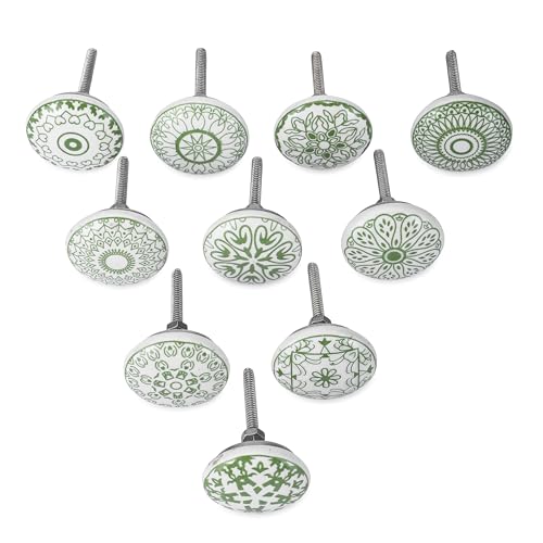 Ajuny 10 Green White Ceramic Cabinet Knobs Printed Drawer Pull Handles Set - color: Green-White