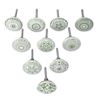 Ajuny 10 Green White Ceramic Cabinet Knobs Printed Drawer Pull Handles Set - color: Green-White