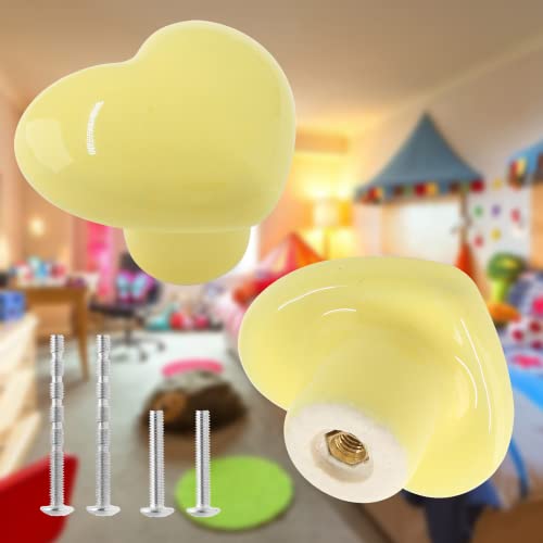 2pcs Ceramic Heart Yellow Drawer Knobs, Cute Cabinet Pulls for Kids - color: Yellow + Heart Shape, size: 2 Pack