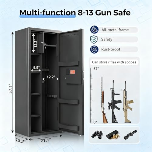 KAER Gun Safe for Rifles and Pistols, 8-13 Gun Cabinet for Shotguns, With Upgraded Electronic Combination Lock & Built-in Safe & Removable Dividers, Ammo Cabinet for Home, Garage, Office