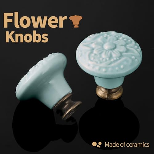 Ceramic Knobs, Embossed Floral Design - Light Blue, 20pcs - color: Light Blue