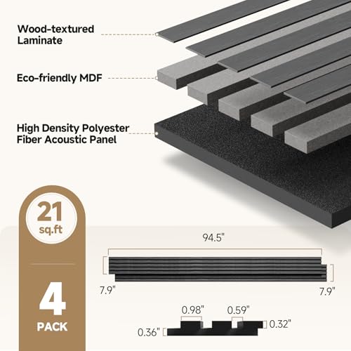 INMOZATA Soundproof Wood Slat Wall Panels, 4 Pack 94.5" x 7.9", Black - color: Matte Black, size: 94.5"x7.9”