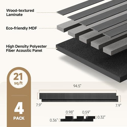 INMOZATA Soundproof Wood Slat Wall Panels, 4 Pack 94.5" x 7.9", Black - color: Matte Black, size: 94.5"x7.9”