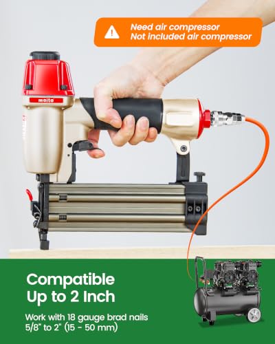 meite F50C Pneumatic Brad Nailer with Safety Nose, Air 18 Gauge Brad Nailer Small Finish Nail Gun for Trim Work, Fires 18 Gauge Brad Nails 5/8 Inch to 2 Inch
