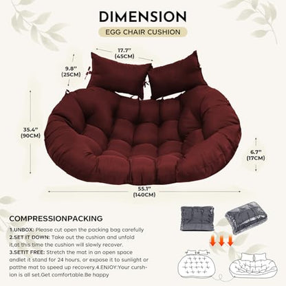 Outdoor Double Egg Chair Cushion Replacement Waterproof Thickened Cotton Hanging Basket Egg Chair Cushion 55x35 Inch Universal Fit for Patio Wicker Swing Chair (Red) (Cushion ONLY) - color: Red