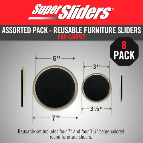 Super Sliders 8-Piece 7" and 3-1/2" Round Reusable Furniture Sliders for Carpet, Anti-Slip Protective Furniture Moving Pads for Beds, Sofas, Dressers, Beige