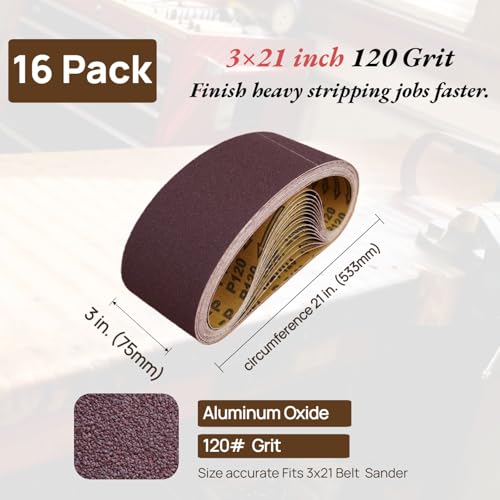 3 x 21 Inch Sanding Belts 120 Grit, 16 Pack - size: 120 Grit