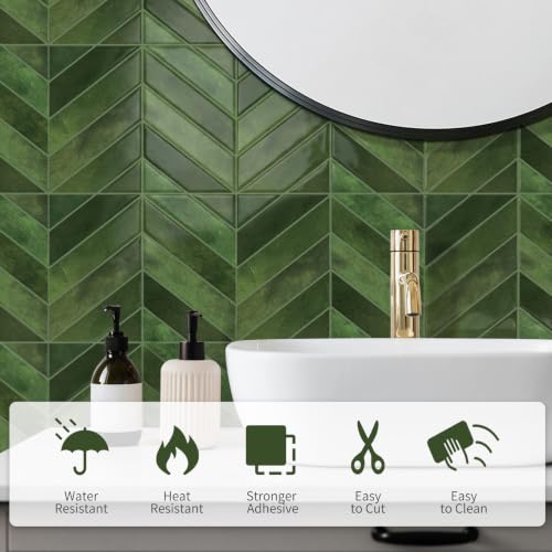 10 Sheets Thicker Herringbone Peel and Stick Backsplash - color: Forest Green