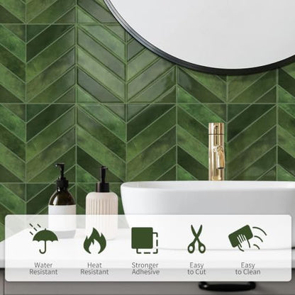 10 Sheets Thicker Herringbone Peel and Stick Backsplash - color: Forest Green