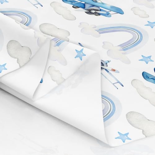 Blue Aircrafts Fabric,Cartoon Airplane DIY Craft,Dreamy Rainbow Stars Cloud Soft Polyester No Stretch for Quilting Sewing Supplies,3 Yards,108" L x 59" W - color: Blue and White, size: 3 Yards