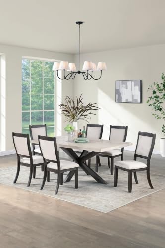 7-Piece Dining Set with 6 Upholstered Side Chairs, Antique Black - color: Antique Black,light Beige