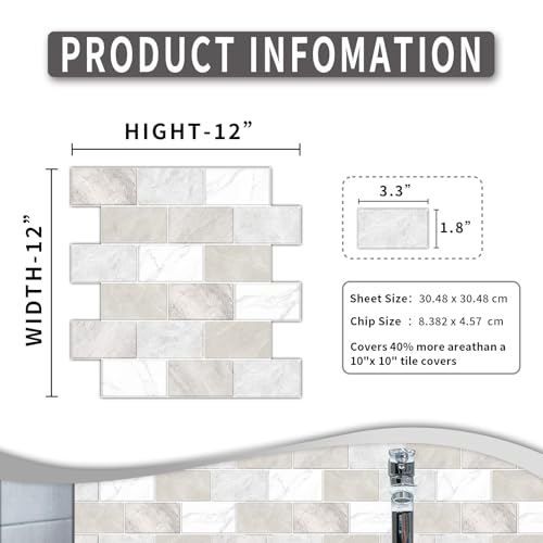 10 Sheets Peel and Stick Backsplash for Kitchen 12"X12" Renter Friendly Backsplash Back Splash Adhesive Subway Wall for Bathroom Tile Sticker Off-White Marble （Not 3D Tile