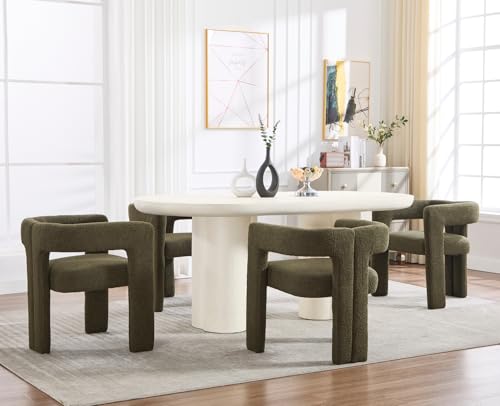 EALSON Modern Barrel Dining Chairs Set of 4 Upholstered Boucle Kitchen Chairs with Open Back and Arms Comfortable Sherpa Accent Chairs Side Chairs for Dining Room/Living Room, Green - color: Green, size: 4 PCS