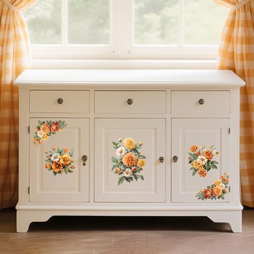 Peacoblue Orange Yellow Flowers Rub On Transfers for Furniture 6"x12" - style: Orange Yellow and White Flowers