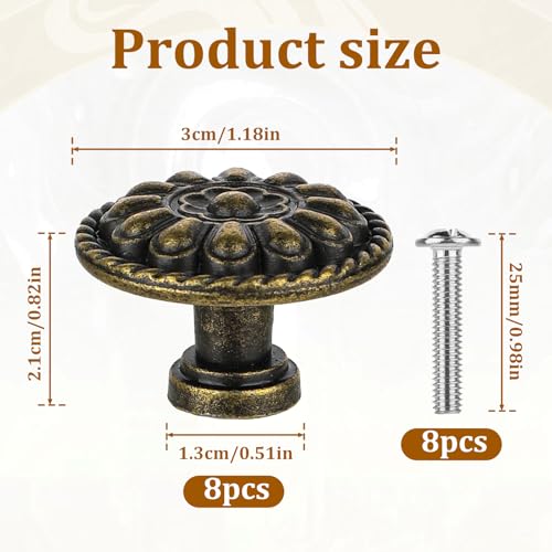 JJUNW 8 Pack Antique Brass Drawer Knobs, Vintage Dresser Drawers Knobs, Solid Round Cabinet Knobs, Single Hole Cabinet Hardware for Refinished Furniture, Diameter 1.18in