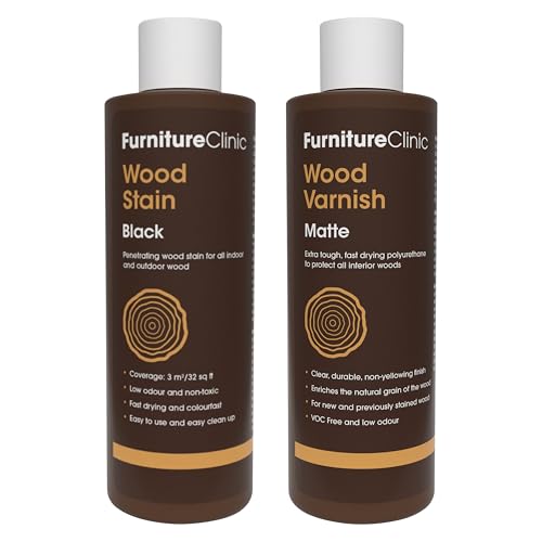 Furniture Clinic 8.5oz Black Wood Stain + 250ml Matte Wood Varnish | Water Based | Fast Drying, Low Odor, & Non-Toxic | for Indoor & Outdoor Furniture and More