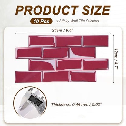 HARFINGTON Peel and Stick Backsplash Tiles 9.4"x4.7" Burgundy, 10Pcs - color: Burgundy
