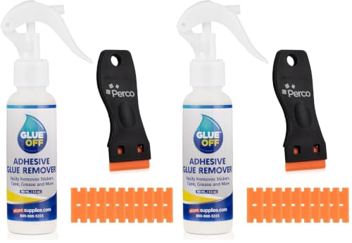 Perco Glue Off Adhesive Sticker Remover 3.3 fl. oz & Scraper with Plastic Razor for Removing Labels (Adhesive Sticker Remover & Scraper w/Plastic Razor) (Pack of 2) - size: 3.3 Fl Oz (Pack of 2)