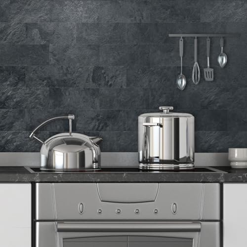 AULIGET 6" x 12" Black Slate Peel and Stick Backsplash Wall Tiles, PVC Faux Stone Stick on Tiles for Backsplash Kitchen, Bathroom, Laundry Room, Camper, Fireplace (Pack of 20) - color: Black Slate, size: 20 Sheets, 6"x12"x0.12"