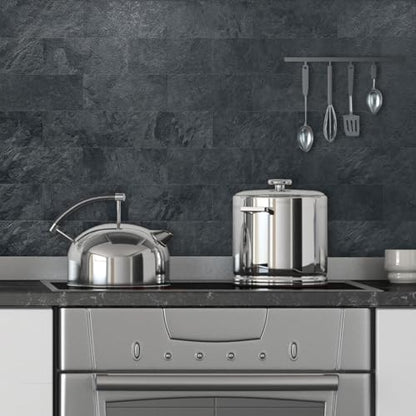 AULIGET 6" x 12" Black Slate Peel and Stick Backsplash Wall Tiles, PVC Faux Stone Stick on Tiles for Backsplash Kitchen, Bathroom, Laundry Room, Camper, Fireplace (Pack of 20) - color: Black Slate, size: 20 Sheets, 6"x12"x0.12"