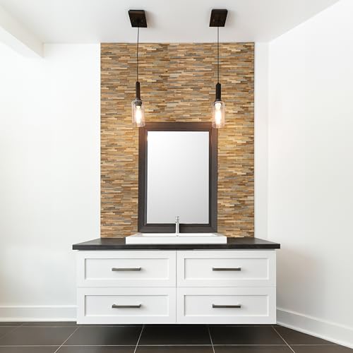 Bare Decor EZ-Wall Mosaic 3D Pattern with Stone Accents Tile in Solid Teak Wood Natural Finish, Set of 10 - size: 10 Sq Ft W/Stone