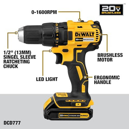 DEWALT 20V MAX Cordless Drill Driver Set, Electric Drill, Brushless 1/2 In 2 Speed, 2.0 Ah Battery and Charger Included, LED Light (DCD777D1)